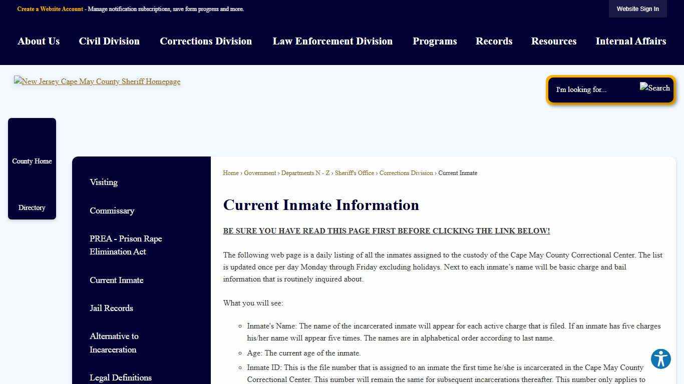 Current Inmate Information | Cape May County, NJ - Official Website
